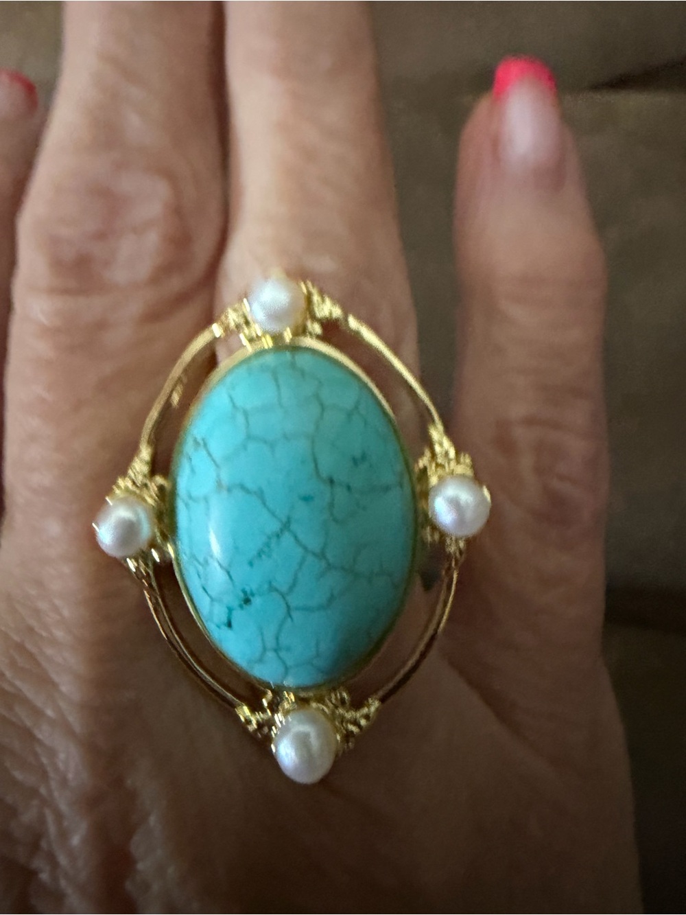 Gold-Tone Turquoise Oval Ring with Pearl Accents